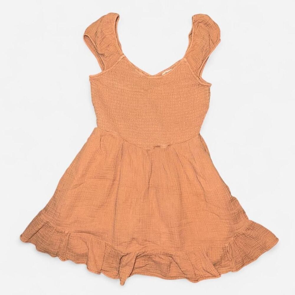 American Eagle Terracotta Tan Smocked Ruffle Mini Dress with Cap Sleeves